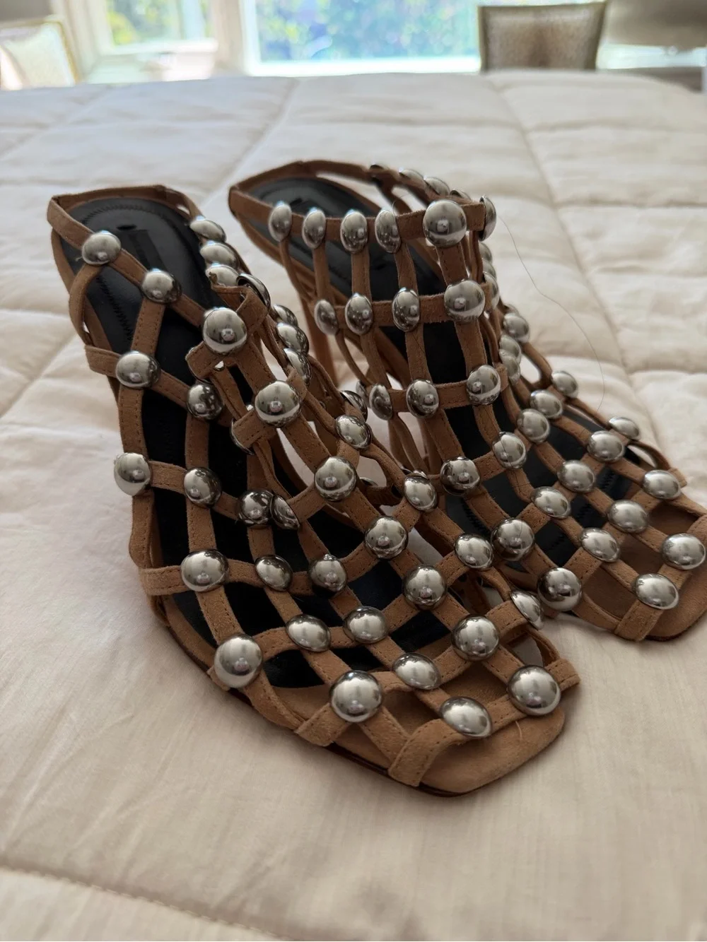 Alexander Wang Rainey Suede Silver Dome Studded Cage Heels